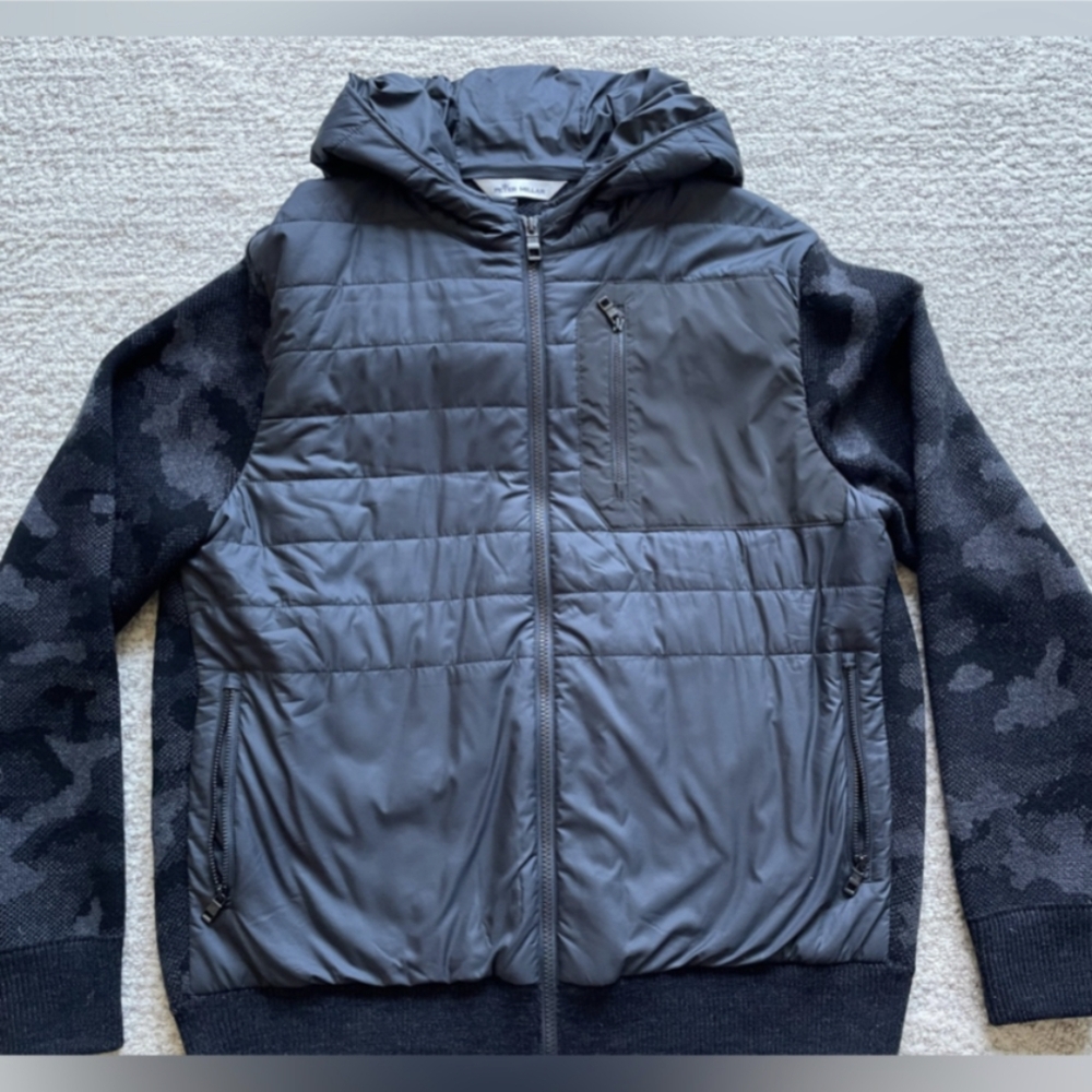 Peter Millar Apres Ski Full Zip Hybrid Sweater, Mens XL, Grey/Black Camo NWOT